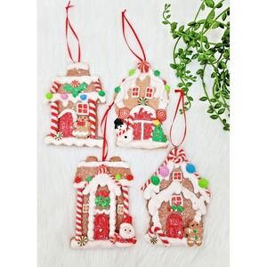 Gingerbread House Christmas Ornaments 5" Clay Candy Land Glitter Candy‎ 4 Pc NEW